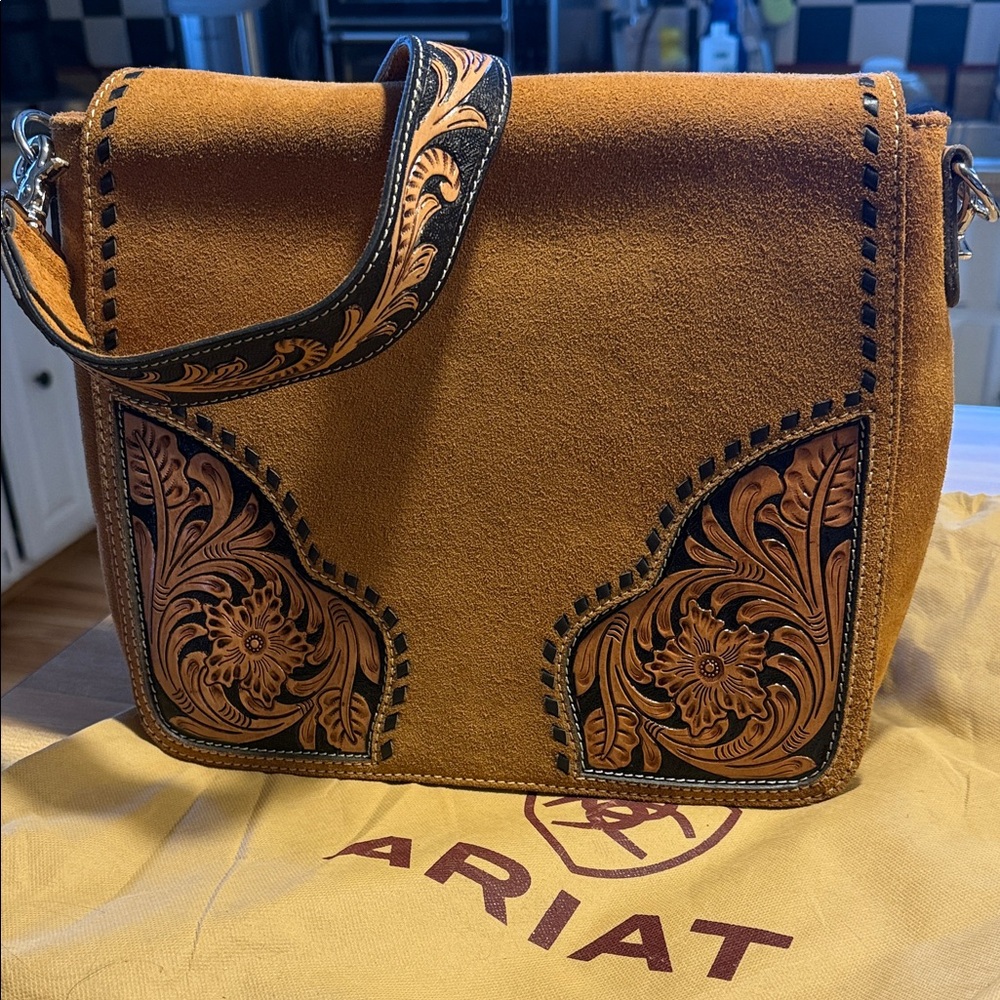 Ariat Brown Suede Shoulder Bag with Tooled Leather Accents